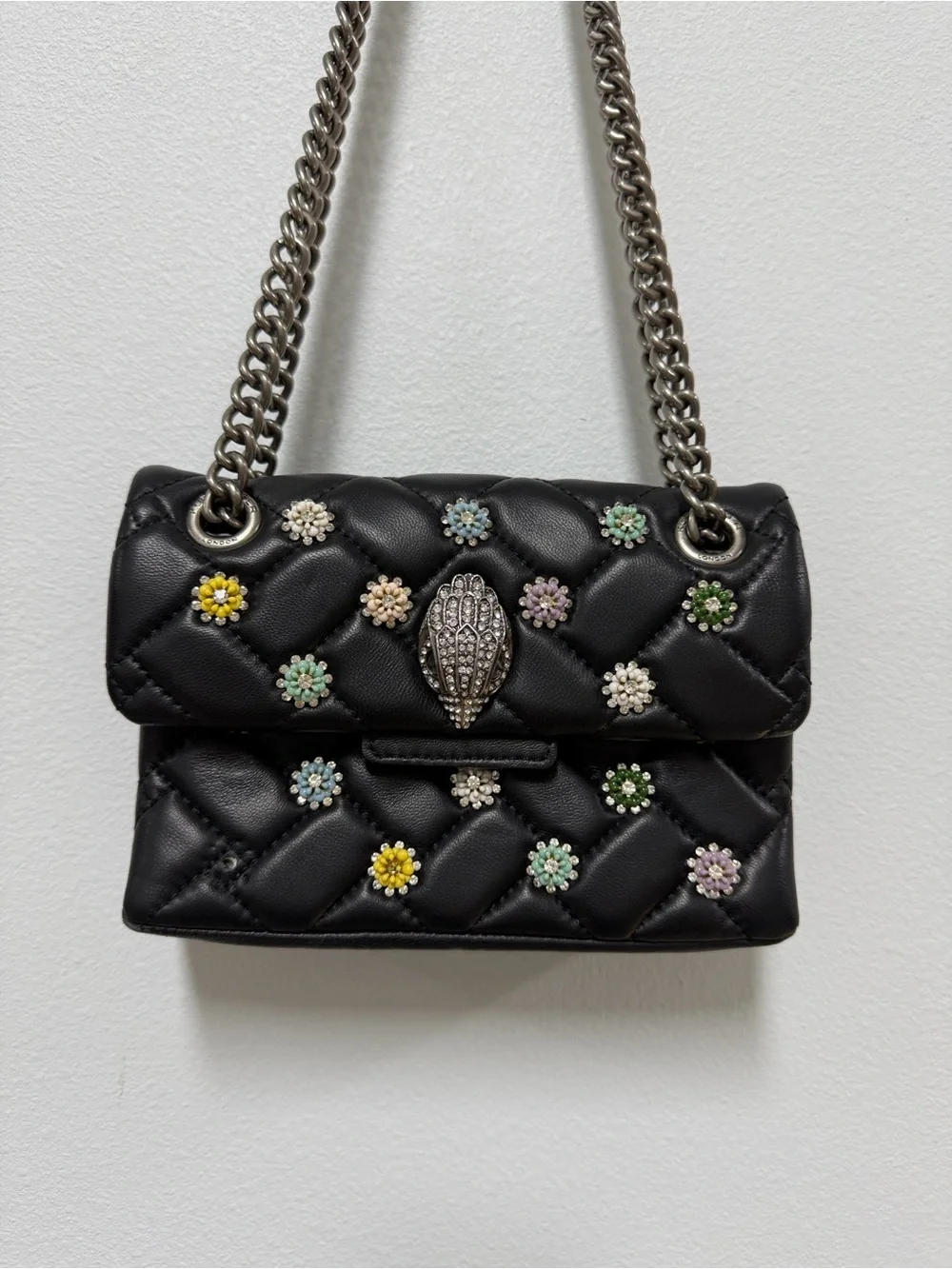 Kurt Geiger London Mini Kensington Black Quilted Bag Multicolor Flower Studs